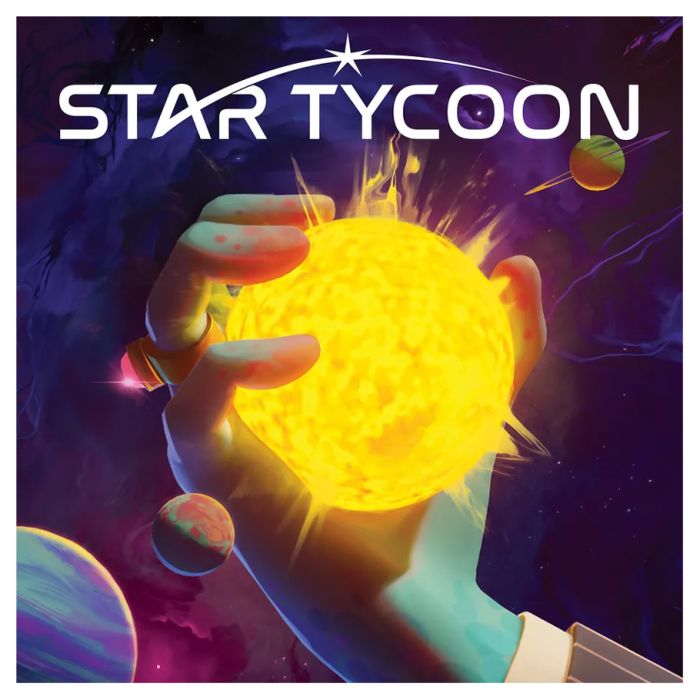 Star Tycoon - Blue and green hand holding a glowing yellow sun with planets orbiting in a dark space background.