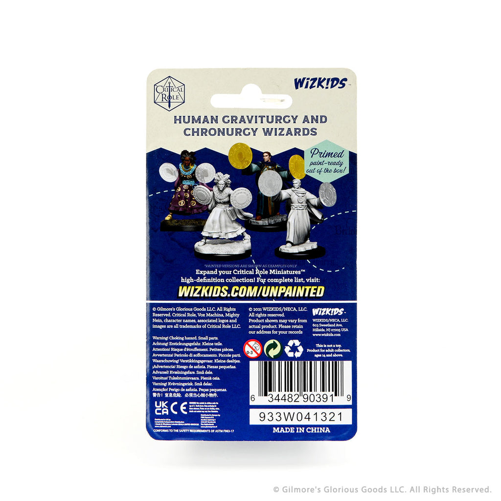 Critical Role Mini: Human Graviturgy & Wiz Female - Unpainted miniatures of a human graviturgy and a female chronurgy wizard on a white backing card with blue fantasy-themed.