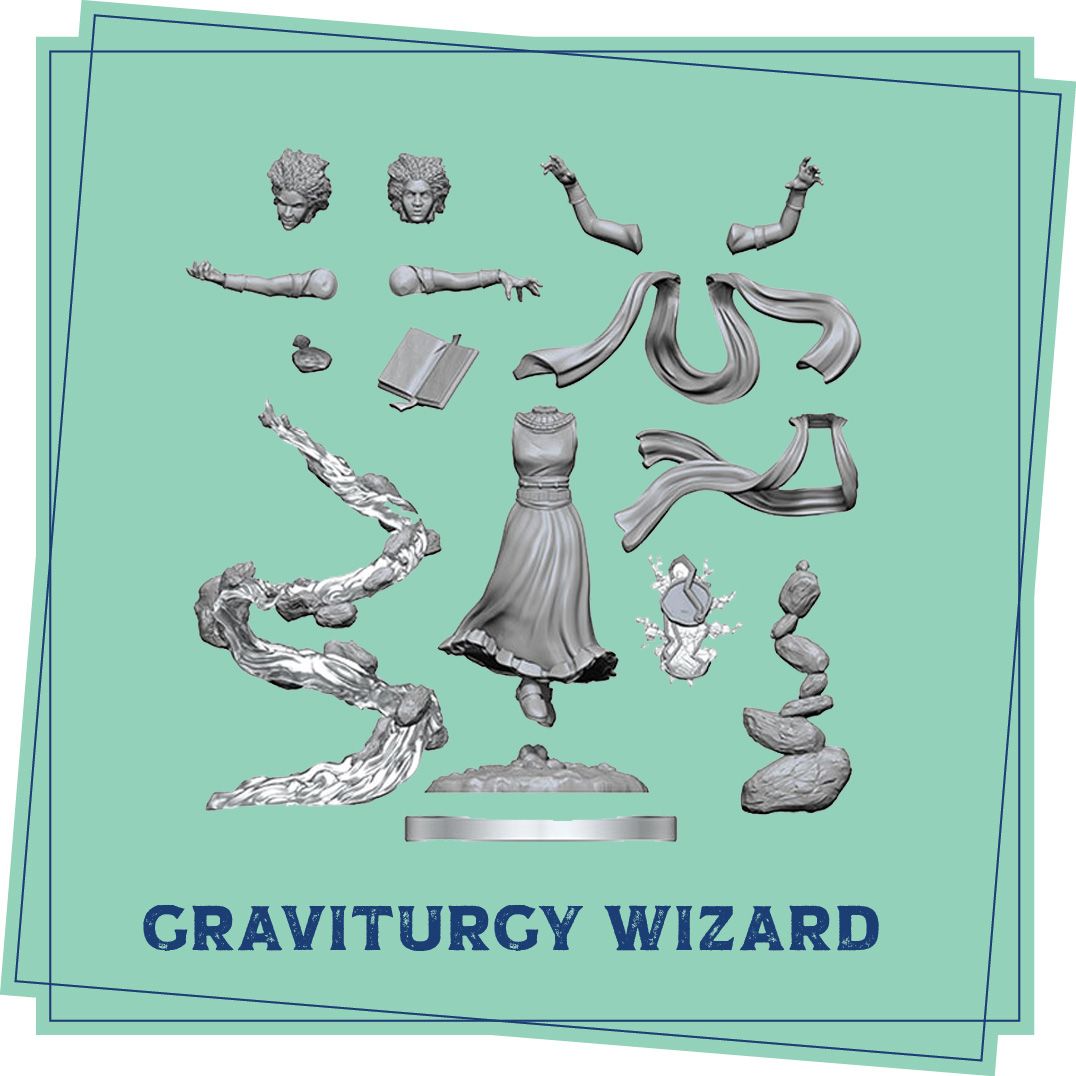 Critical Role: Gilmore’s Fantastic Fabrications: Graviturgy Wizard (PREORDER) - Gray plastic miniature parts for Graviturgy Wizard figure including heads, arms, hands, cloak, book, magical effects, and.