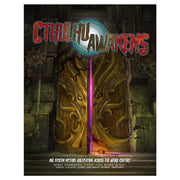 Cthulhu Awakens RPG - Dark wooden door with ornate carvings and a glowing purple crack, "Cthulhu Awakens" text above in red and blue letters.