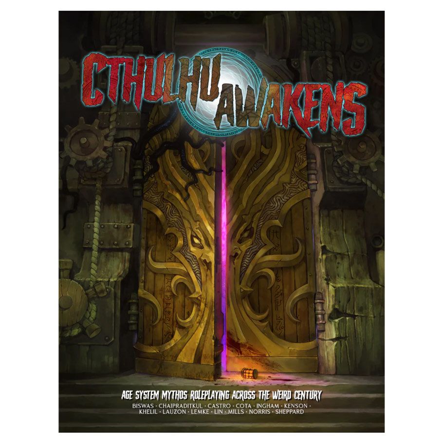 Cthulhu Awakens RPG - Dark wooden door with ornate carvings and a glowing purple crack, "Cthulhu Awakens" text above in red and blue letters.