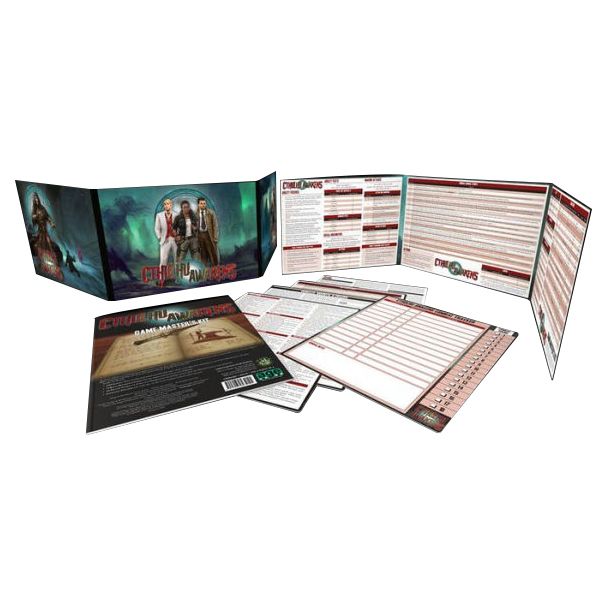 Cthulhu Awakens RPG: Game Master’s Kit - Tri-fold RPG game master screen with dark fantasy Cthulhu artwork, character sheets, and rule booklet laid out on white.