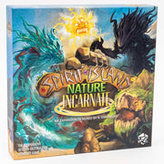 Spirit Island: Nature Incarnate - Colorful game box featuring two spirits with flowing hair in blue and black, glowing sun, and rocky landscape with the title
