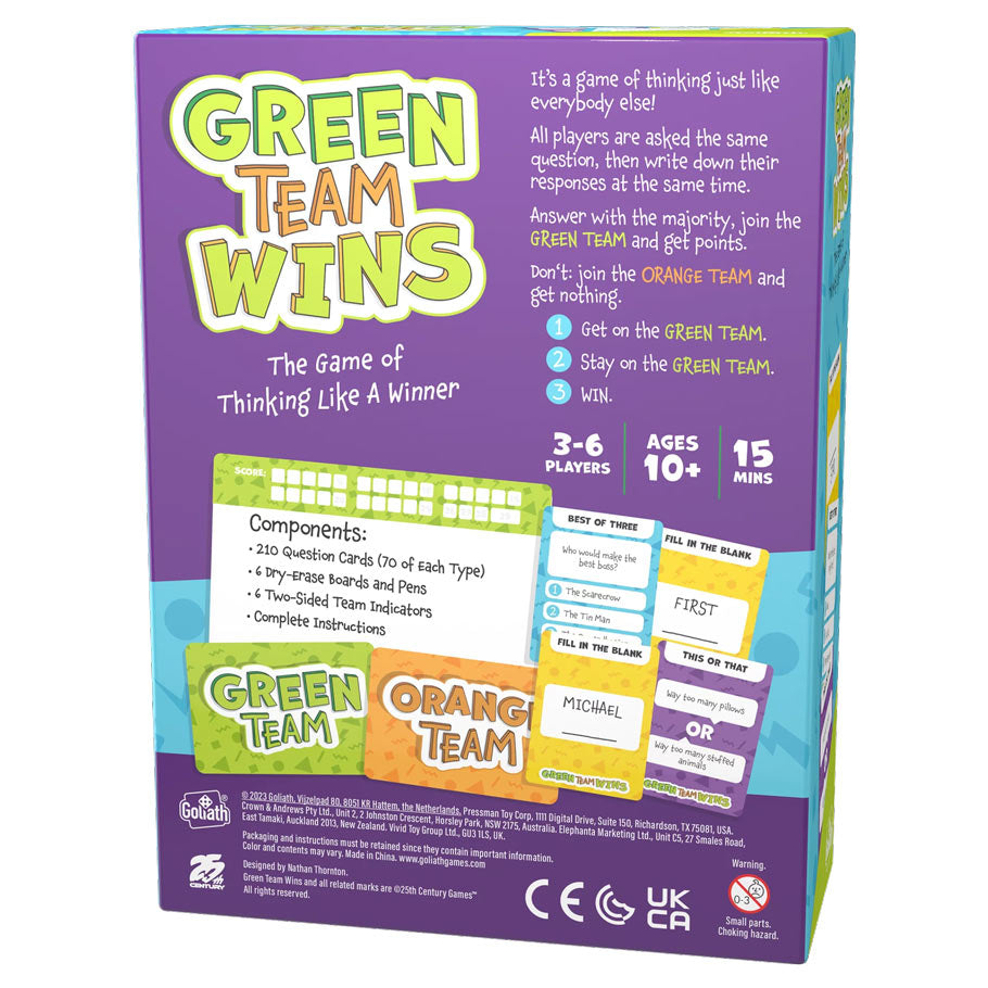 Green Team Wins - Green Team Wins board game box with purple background, colorful card and component images, and playful typography.