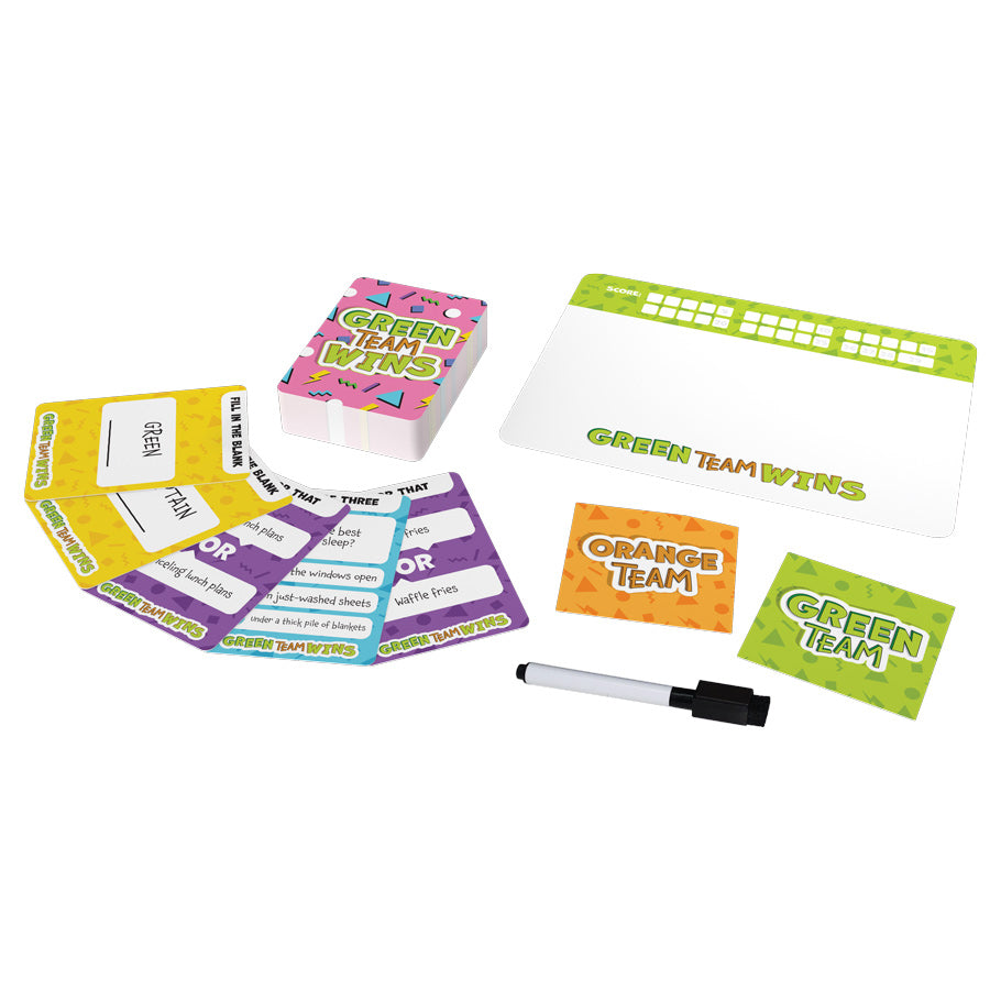 Green Team Wins - Green Team Wins card game with colorful question cards, white scoreboard, dry erase marker, and team cards.