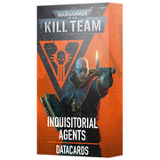 Warhammer 40,000 - Kill Team - Inquisitorial Agents Datacards - Rectangular datacards box with orange and black design featuring a bald agent aiming a pistol, Warhammer 40,000 Kill Team.