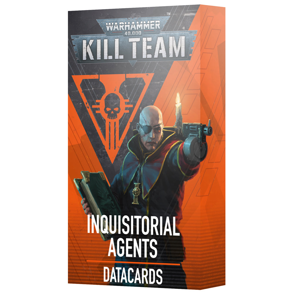 Warhammer 40,000 - Kill Team - Inquisitorial Agents Datacards - Rectangular datacards box with orange and black design featuring a bald agent aiming a pistol, Warhammer 40,000 Kill Team.