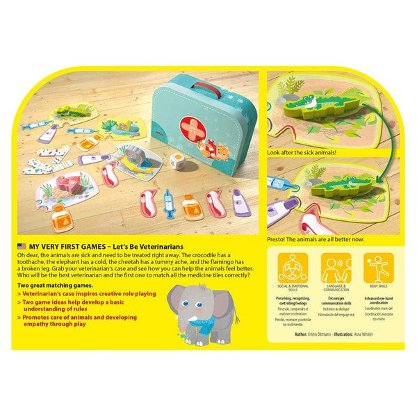 Let’s Be Veterinarians - Yellow board game box featuring illustrated animal cards, veterinary tools, and a teal first aid kit with a red cross on the