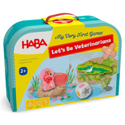 Let’s Be Veterinarians - Colorful blue and yellow suitcase game box with animal and nature illustrations for kids 2+ years.