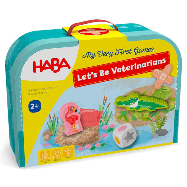 Let’s Be Veterinarians - Colorful blue and yellow suitcase game box with animal and nature illustrations for kids 2+ years.