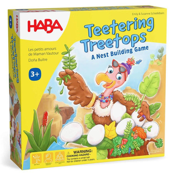 Teetering Treetops - Colorful board game box with cartoon bird balancing eggs and nest pieces on green foliage background.