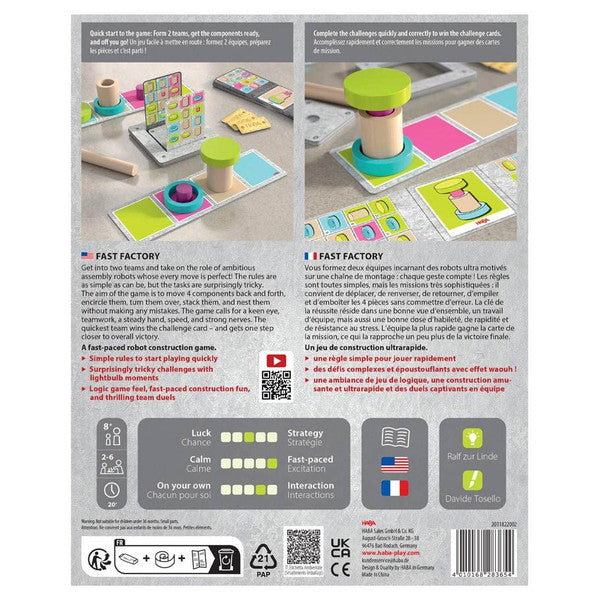 Fast Factory - Fast Factory board game box featuring colorful factory components, cards, and wooden pieces on a gray background.