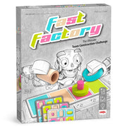 Fast Factory - Fast Factory board game box with colorful title, cartoon factory robots, and game components like cards and tokens on.