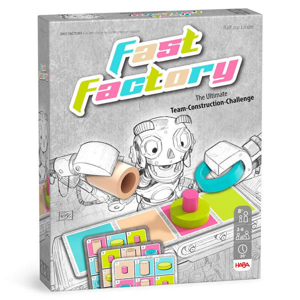Fast Factory - Fast Factory board game box with colorful title, cartoon factory robots, and game components like cards and tokens on.
