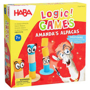 Logic! Games: Amanda’s Alpacas - Colorful logic game set with stackable wooden alpaca pieces and illustrated red fox on box.