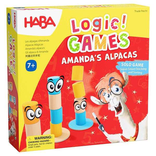 Logic! Games: Amanda’s Alpacas - Colorful logic game set with stackable wooden alpaca pieces and illustrated red fox on box.
