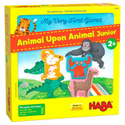 My Very First Games: Animal Upon Animal - Bright yellow box for Animal Upon Animal Junior with colorful cartoon animals stacked, suitable for ages 2+.