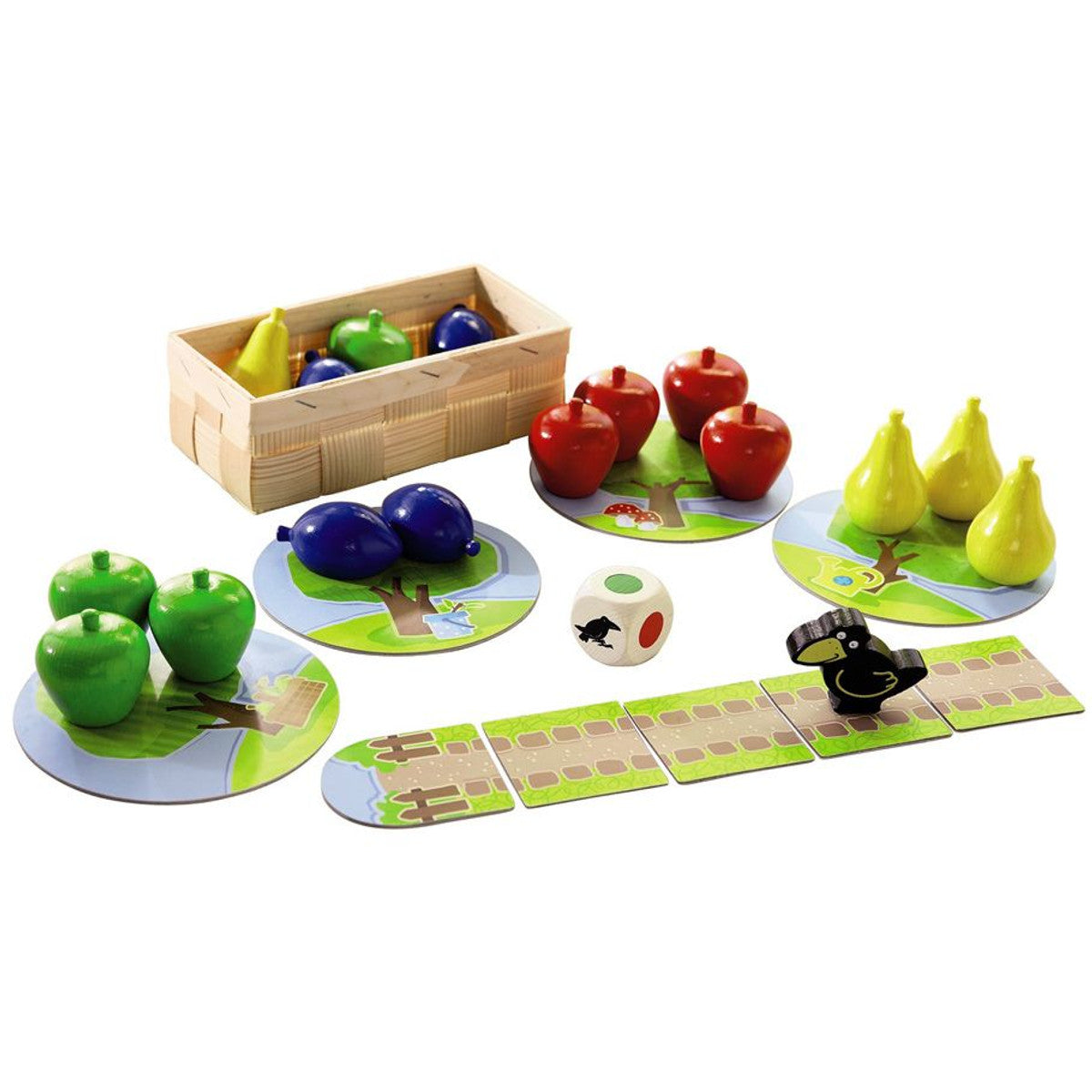 My Very First Games: My First Orchard - Colorful wooden fruit game pieces including red apples, green apples, yellow pears, and purple plums, with matching round.