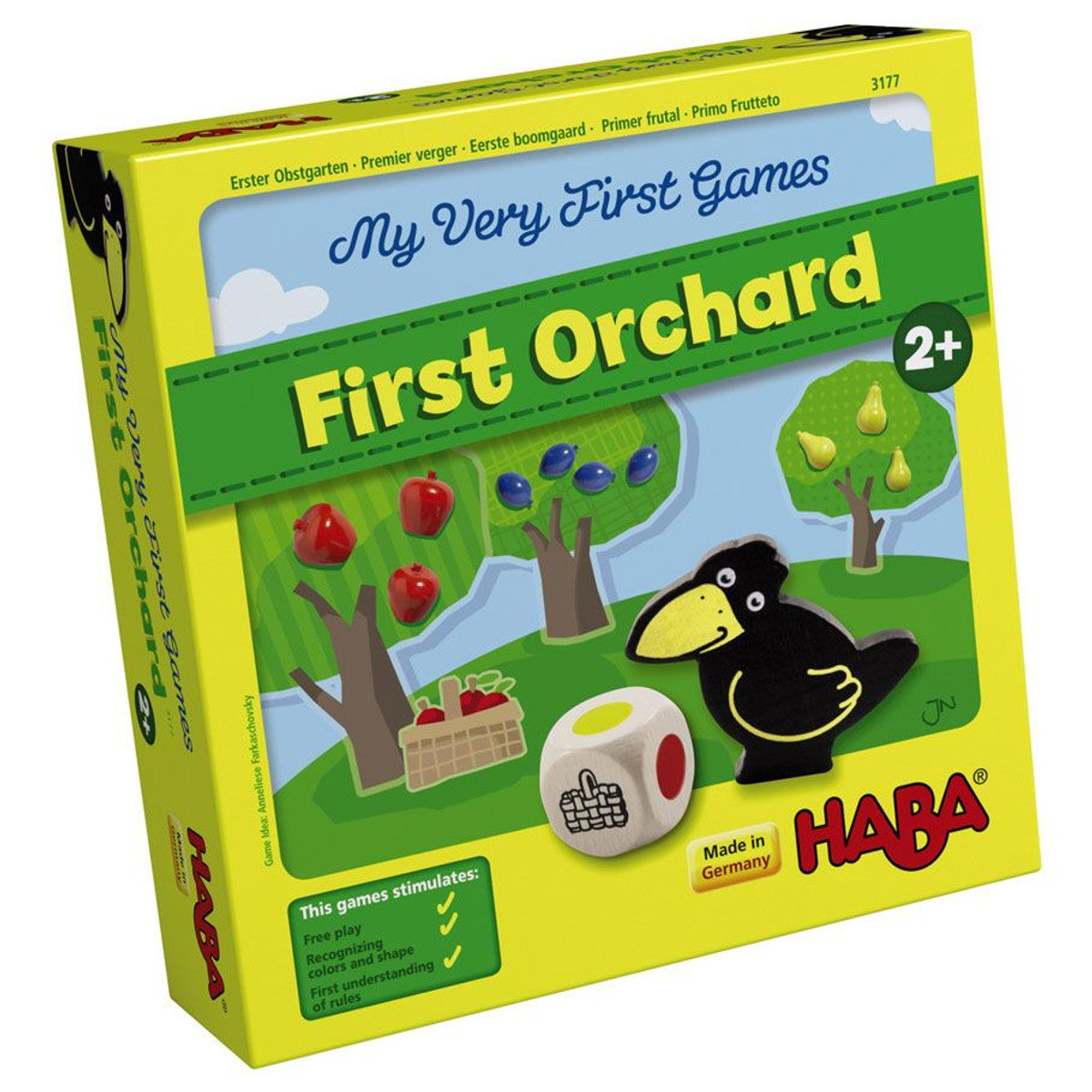 My Very First Games: My First Orchard - Colorful My First Orchard game box with cartoon trees, a black bird figure, and a fruit-themed die by HABA for kids 2+.