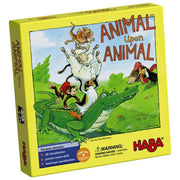 Animal Upon Animal - Bright yellow box with cartoon animals stacked on a green crocodile, colorful playful text "Animal Upon Animal".