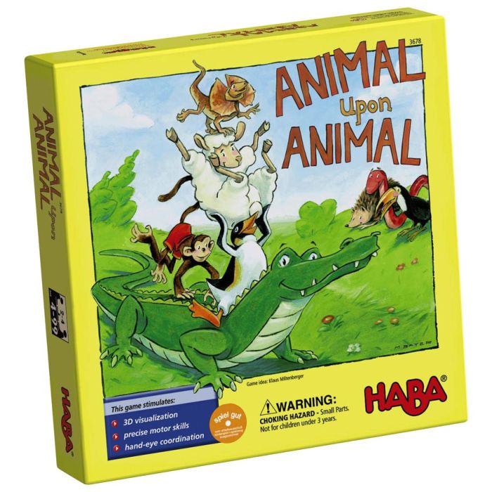 Animal Upon Animal - Bright yellow box with cartoon animals stacked on a green crocodile, colorful playful text "Animal Upon Animal".