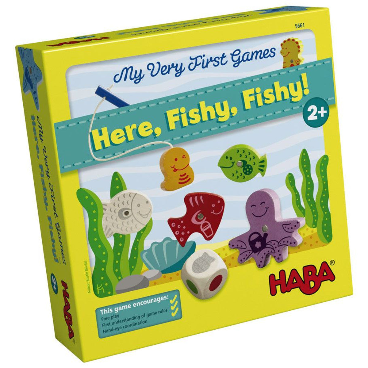 My Very First Games: Here, Fishy, Fishy! - Yellow box of HABA's "Here, Fishy, Fishy!" children's game, featuring colorful fish and underwater illustrations on the.