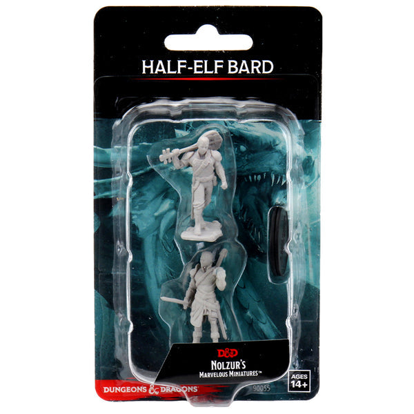 D&D Nolzur's Marvelous Miniatures: Male Half-Elf Bard - Unpainted gray plastic miniatures of a male half-elf bard in dynamic poses, packaged in clear blister pack with.
