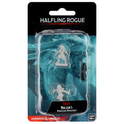 D&D Nolzur's Marvelous Miniatures: Halfling Female Rogue - Unpainted beige resin miniature of a small female halfling rogue wielding a dagger, in protective plastic blister pack with.