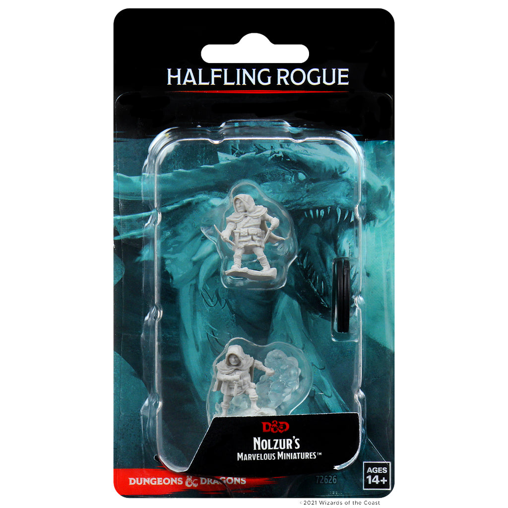 D&D Nolzur's Marvelous Miniatures: Male Halfling Rogue - Unpainted gray plastic miniature of a male halfling rogue holding daggers, detailed fantasy figure in blister pack with.