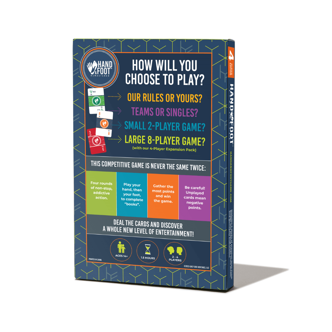 Hand & Foot Remastered - Hand & Foot Remastered card game box with colorful text and geometric pattern on dark background, highlighting gameplay.