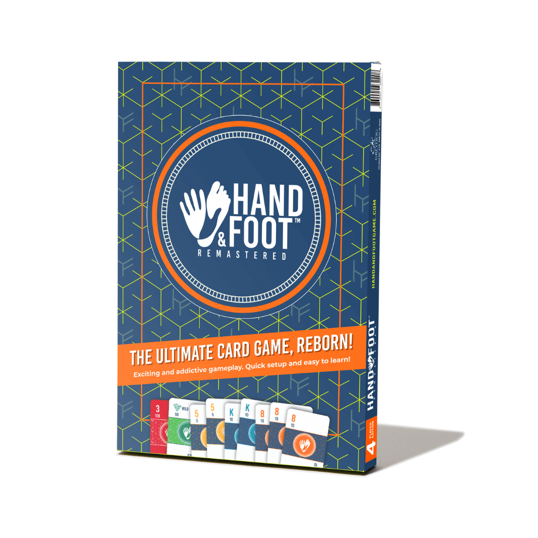Hand & Foot Remastered - Hand & Foot Remastered card game box with blue geometric pattern and orange banner displaying cards below.