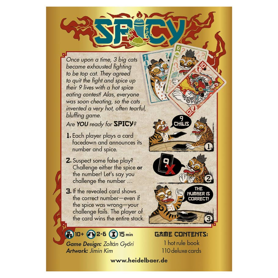 Spicy - Spicy card game box with flame-themed illustrations and cartoon character cards visible on a fiery background.