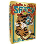Spicy - Rectangular box with illustrated tiger breathing fire, bold colorful "Spicy" text, yellow background, card game packaging.