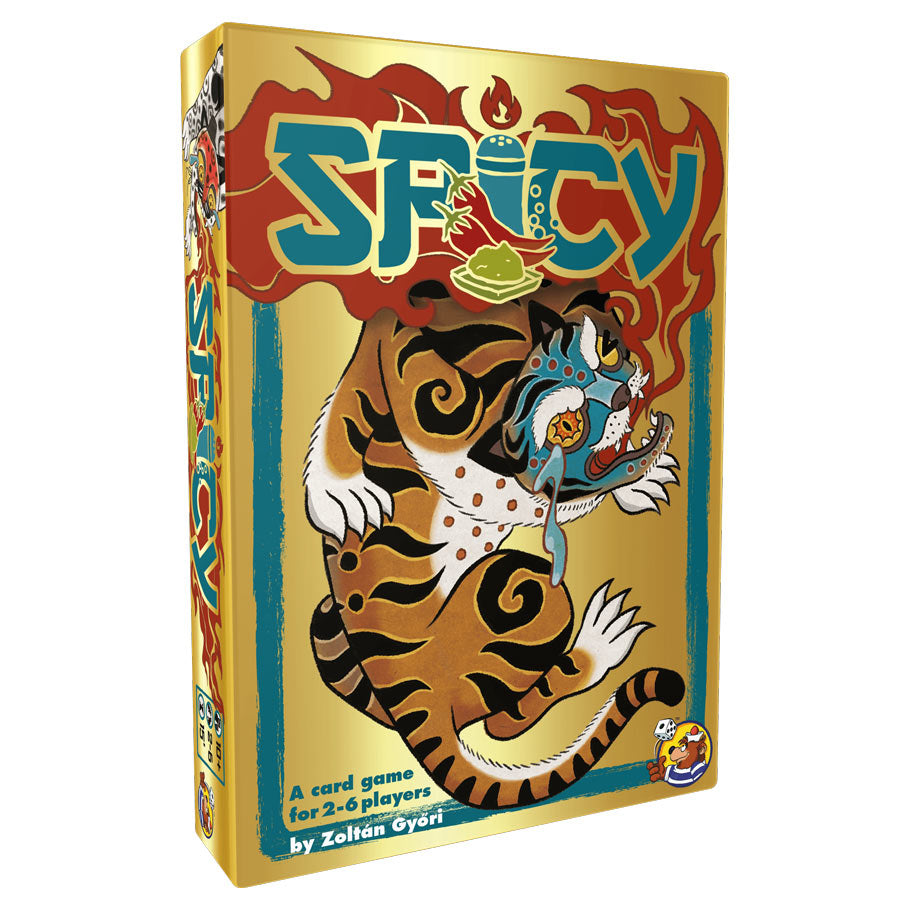 Spicy - Rectangular box with illustrated tiger breathing fire, bold colorful "Spicy" text, yellow background, card game packaging.