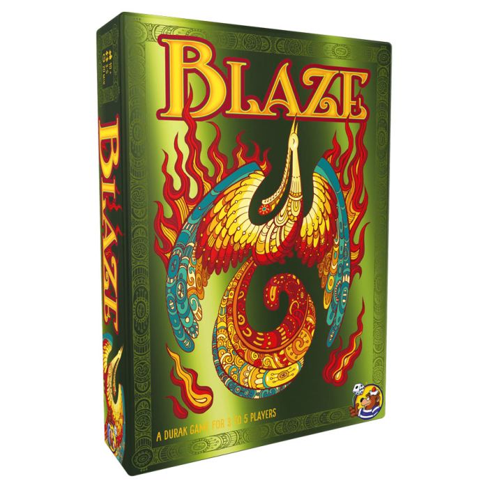 Blaze - Card game box Blaze with fiery phoenix illustration on green background and bold red title text.