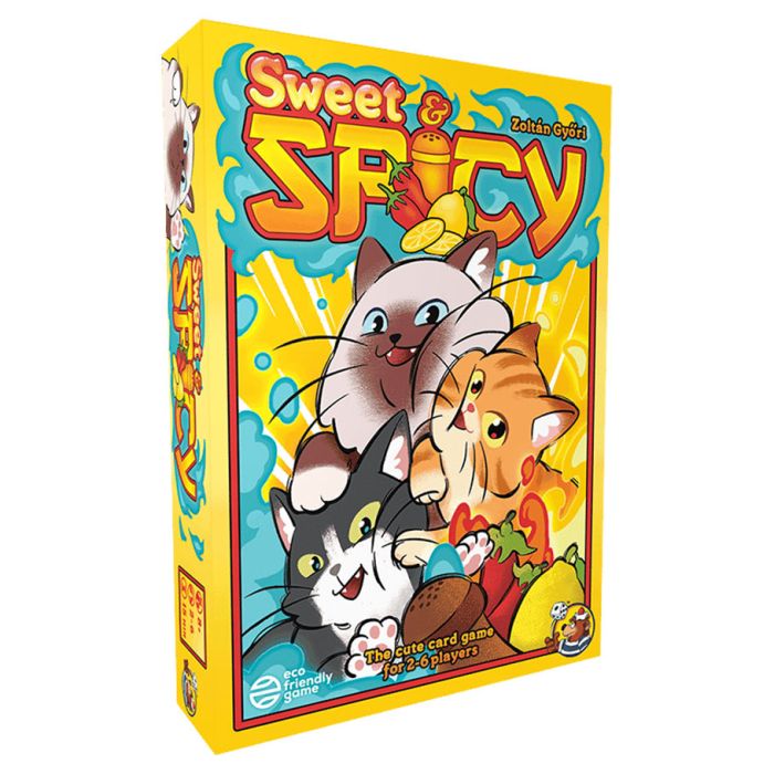 Sweet & Spicy - Bright yellow card game box titled Sweet & Spicy featuring illustrated playful cats and colorful candy elements.
