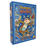 Hungry Monkey - Hungry Monkey card game box with vibrant blue background, playful cartoon monkey holding bananas and a drum, decorated with.