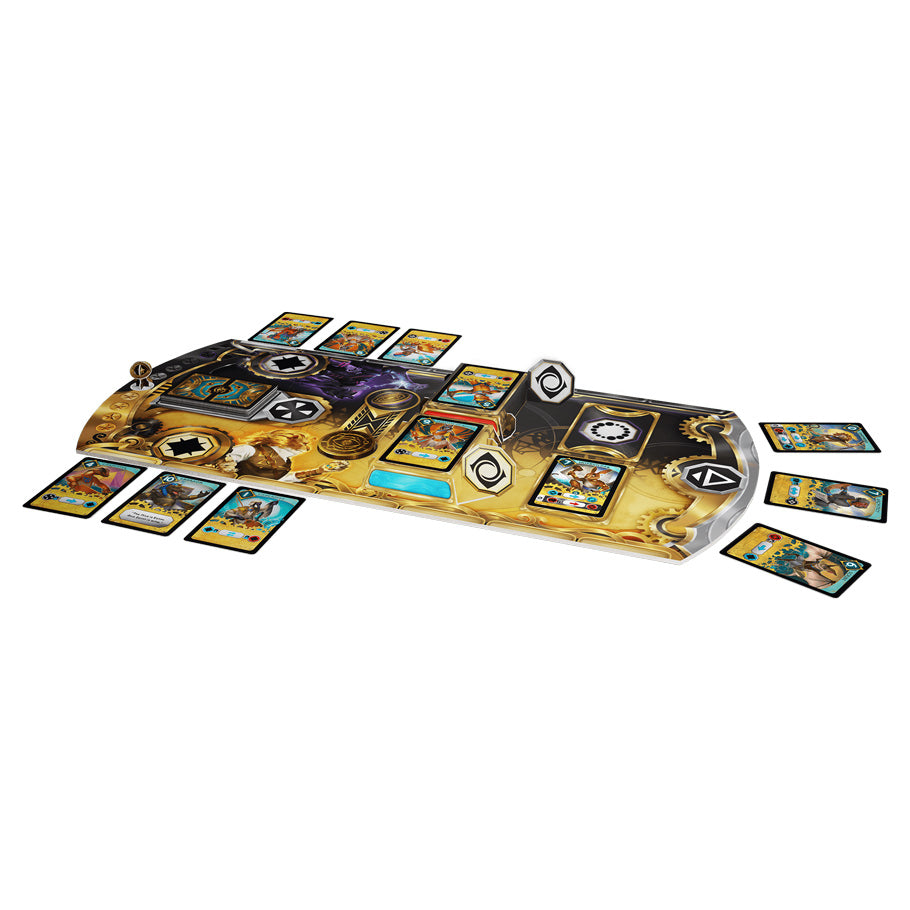Time Division - Foldable game board with gold and brown tones, featuring cards, tokens, and dice arranged for gameplay.