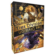 Time Division - Rectangular card game box with gold and black tones featuring a lion-headed figure in white, and a shadowy dark figure.