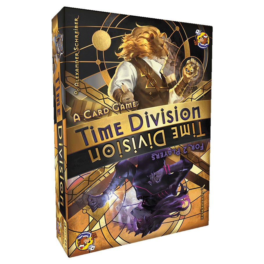 Time Division - Rectangular card game box with gold and black tones featuring a lion-headed figure in white, and a shadowy dark figure.