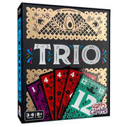 Trio - Colorful Trio card game with purple, red, and teal cards featuring numbers and playful designs in a black box.