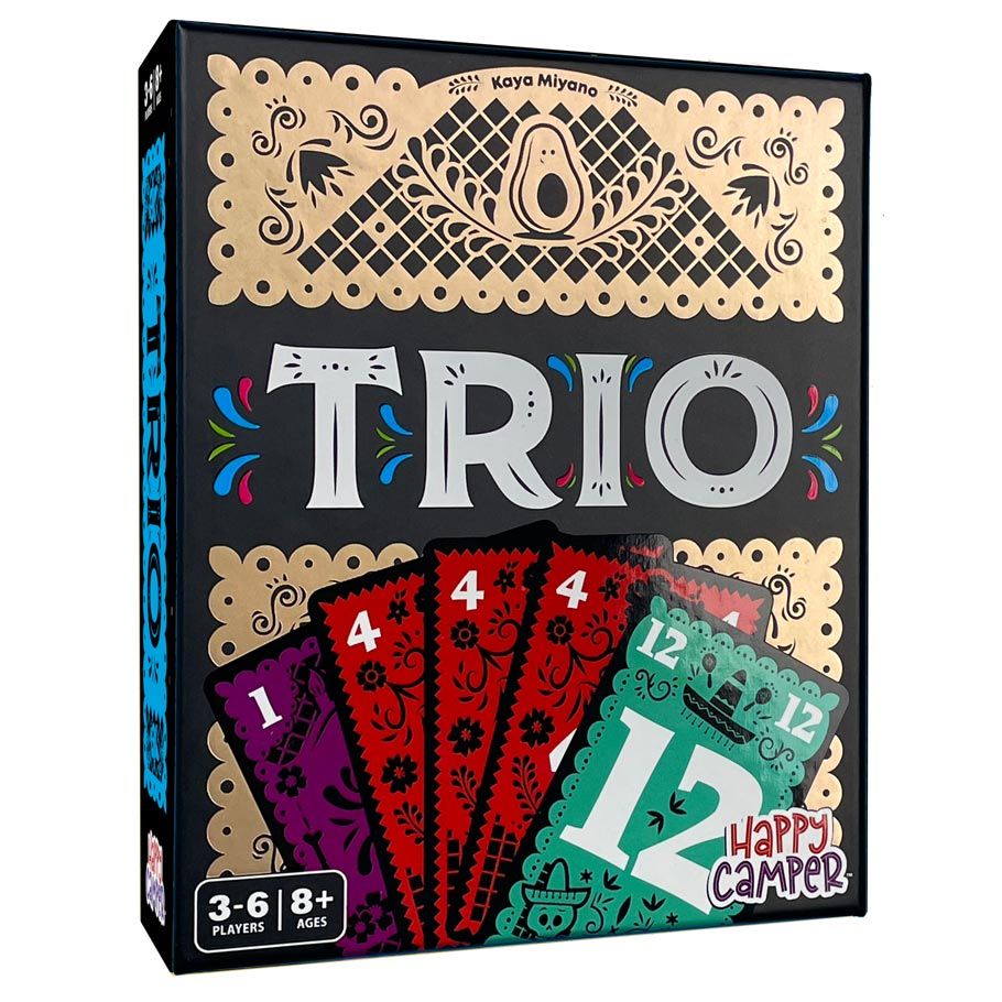 Trio - Colorful Trio card game with purple, red, and teal cards featuring numbers and playful designs in a black box.