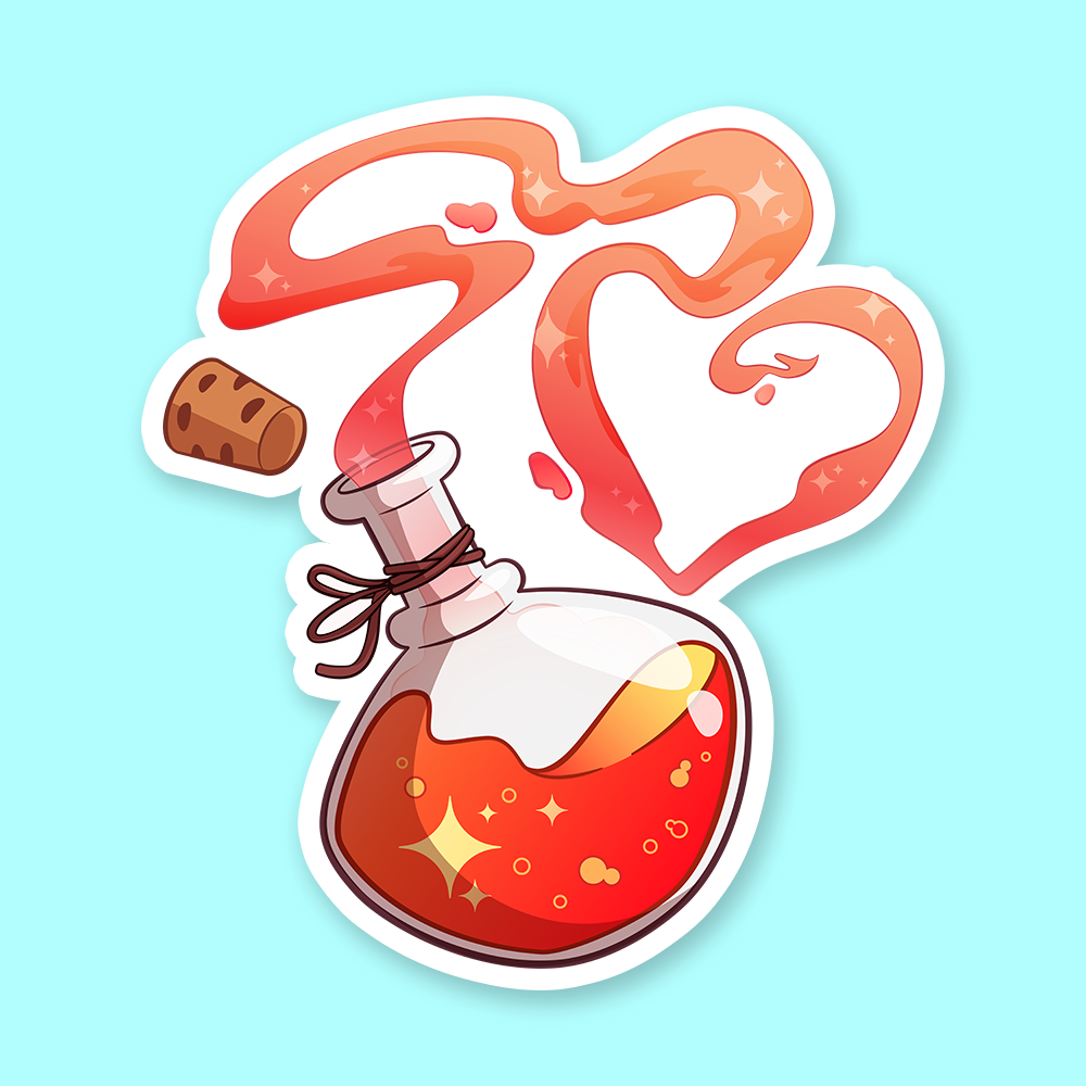 Potion of Healing DnD Sticker - Round glass potion bottle with red liquid spilling out forming heart shapes, cork stopper beside it, bright cartoon style.
