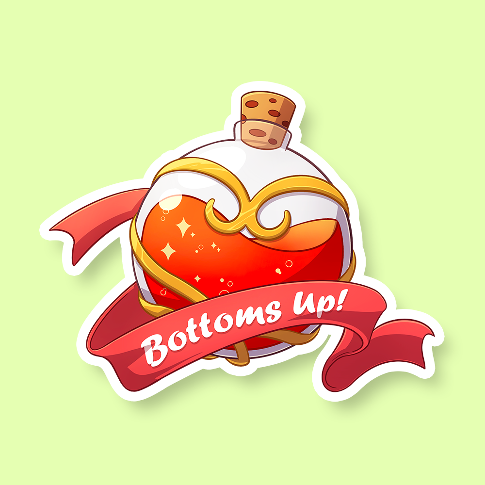 Bottoms Up Health Potion Sticker - Heart-shaped red potion bottle with gold accents, cork stopper, and red ribbon reading "Bottoms Up!".