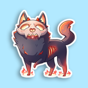 Hellhound DnD Sticker - Dark mythical hellhound sticker with glowing eyes, exposed ribs, and flames around paws on light blue background.