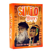 Similo: History - Orange rectangular box with illustrated portraits of Leonardo da Vinci and Cleopatra, titled Similo History card game.