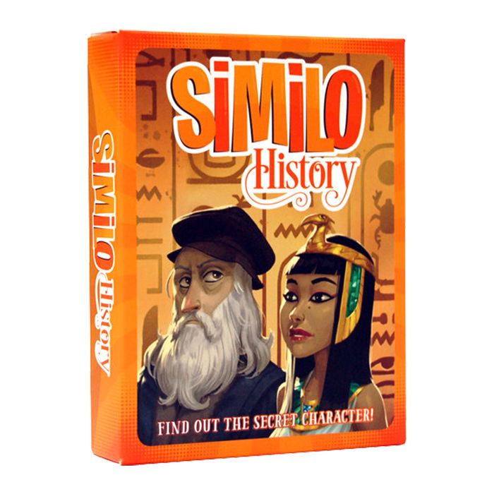 Similo: History - Orange rectangular box with illustrated portraits of Leonardo da Vinci and Cleopatra, titled Similo History card game.
