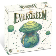 Evergreen - Evergreen board game box with green tree growing on a globe, surrounded by small planets and leafy accents.