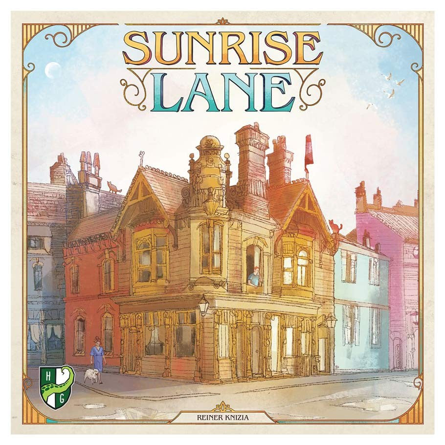 Sunrise Lane - Square board game box featuring a pastel-colored illustration of a vintage Victorian-style house with ornate chimneys.