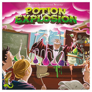 Potion Explosion - Colorful board game box featuring a wizard mixing bright potions in a lab with exploding magical effects.
